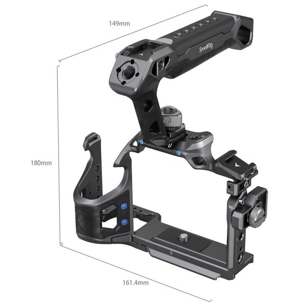 SmallRig 3708 Rhinoceros Basic Cage Kit for Sony A7R V/A7 VI/A7 SIII, kuvassa mustana, jossa on merkkikahva, näkyy valkoisella pohjalla; mitat ovat 149 mm leveä, 161,4 mm syvä ja 180 mm korkea.