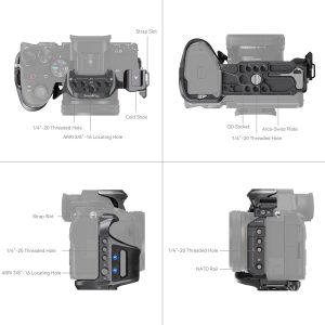 SmallRig 3708 Rhinoceros Basic Cage Kit Sony A7R V/A7 VI/A7 SIII:lle on esitetty neljästä kulmasta, ja siinä korostuvat sen kylmä kenkä, hihna-aukko, QD-liitäntä, NATO-kisko, Arca-Swiss-levy ja useat kierteitetyt lisävarusteiden kiinnitysreiät.