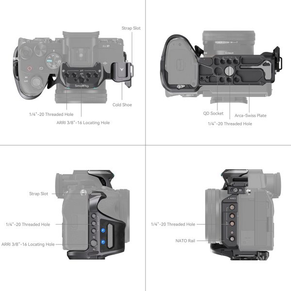 SmallRig 3708 Rhinoceros Basic Cage Kit Sony A7R V/A7 VI/A7 SIII:lle on esitetty neljästä kulmasta, ja siinä korostuvat sen kylmä kenkä, hihna-aukko, QD-liitäntä, NATO-kisko, Arca-Swiss-levy ja useat kierteitetyt lisävarusteiden kiinnitysreiät.