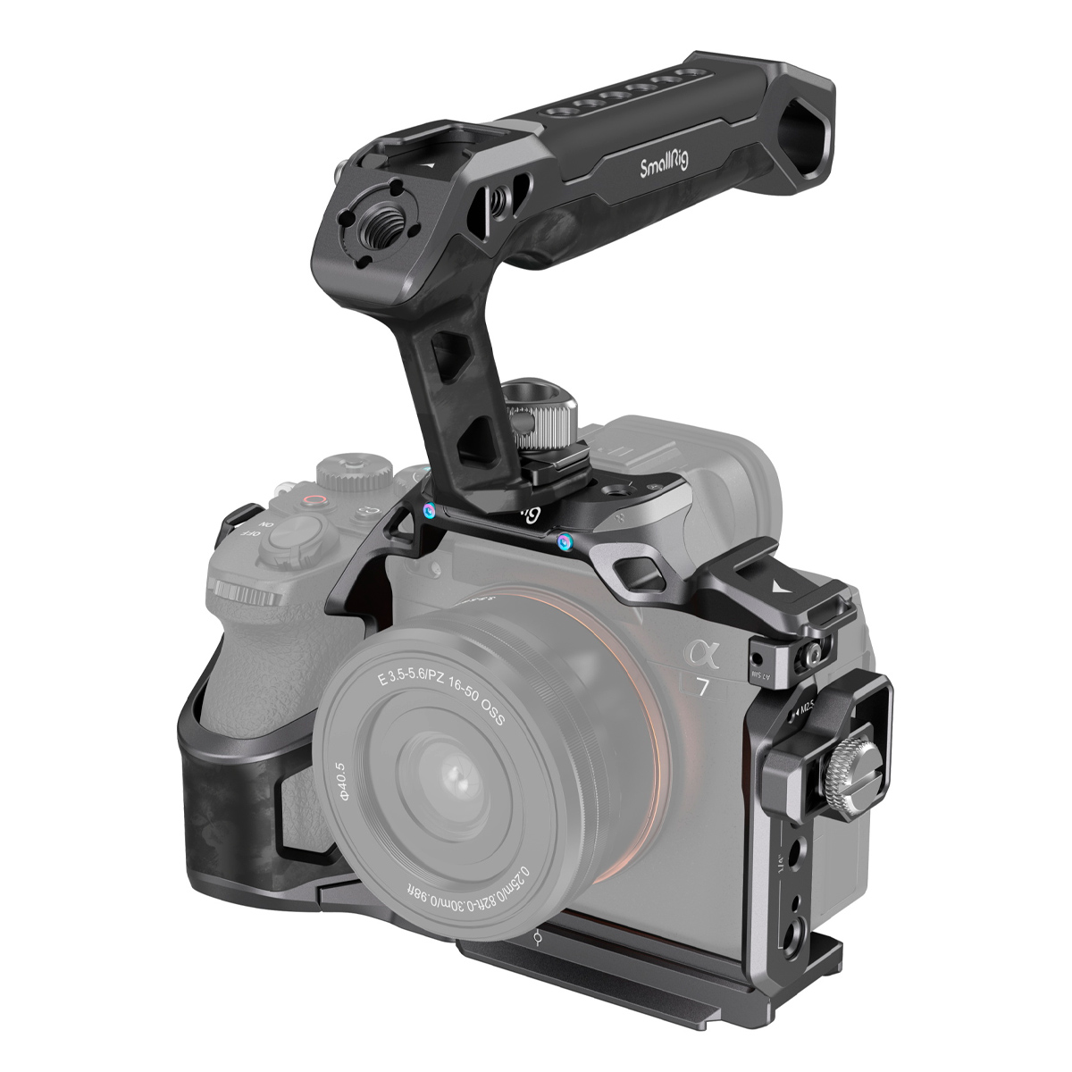 SmallRig 3708 Rhinoceros Basic Cage Kit for Sony A7R V/A7 IV/A7S III on metallinen häkki, jossa on yläkahvan kahva vakaaseen käsivarakuvaukseen ja lisävarusteiden kiinnittämiseen; SmallRig-brändi näkyy kahvassa.