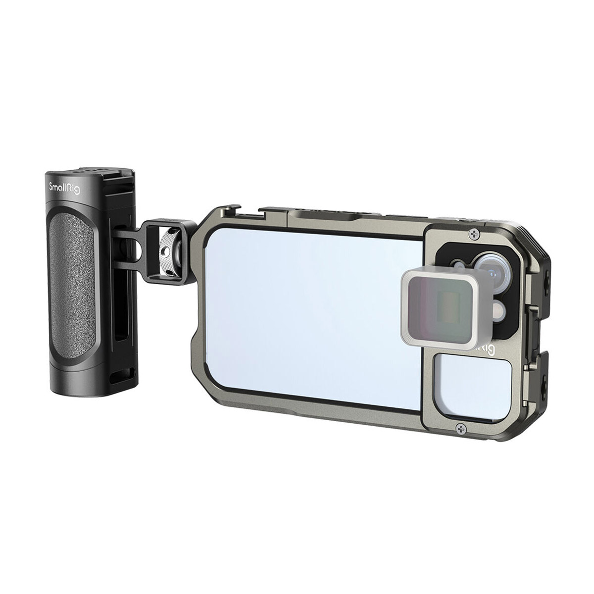 SmallRig 3735 Handheld Video Kit for iPhone 13 on kestävä metallikotelo, jossa on kahva ja kameran linssin suojus, joka on suunniteltu suojaamaan puhelinta ja parantamaan älypuhelimen valokuvausta.