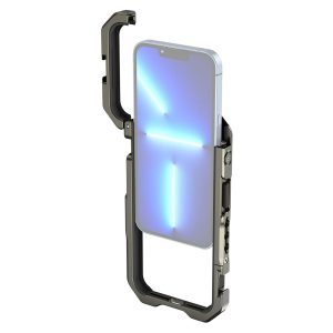The SmallRig 3735 Handheld Video Kit includes an iPhone 13 with a durable metal case with angled edges and reinforced corners. The phone's screen displays a blue background with glowing diagonal lines.