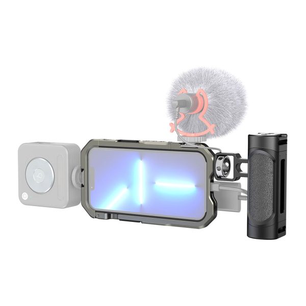 The SmallRig 3735 Handheld Video Kit for iPhone 13 includes a smartphone video stand with side handle, LED light with blue glow, and a microphone with hair-covered windscreen for better sound.