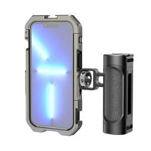 The SmallRig 3735 Handheld Video Kit for iPhone 13 features a metal body and a large, detachable side handle that resembles a camera grip to hold your iPhone and its blue-lit screen securely in place.