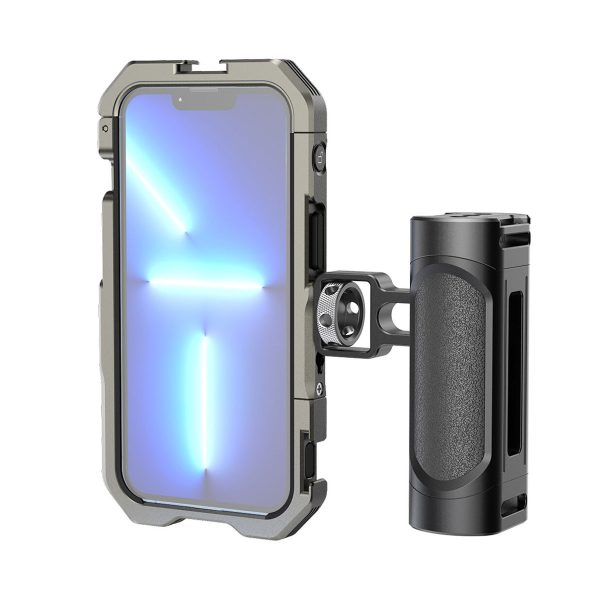 The SmallRig 3735 Handheld Video Kit for iPhone 13 features a metal body and a large, detachable side handle that resembles a camera grip to hold your iPhone and its blue-lit screen securely in place.