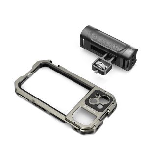 The SmallRig 3735 Handheld Video Kit for iPhone 13 features a durable metal case and removable cylindrical camera grip with textured handle and mounting bracket, shown in white.