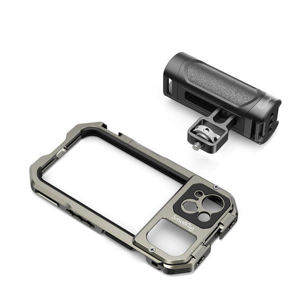 The SmallRig 3735 Handheld Video Kit for iPhone 13 features a durable metal case and removable cylindrical camera grip with textured handle and mounting bracket, shown in white.