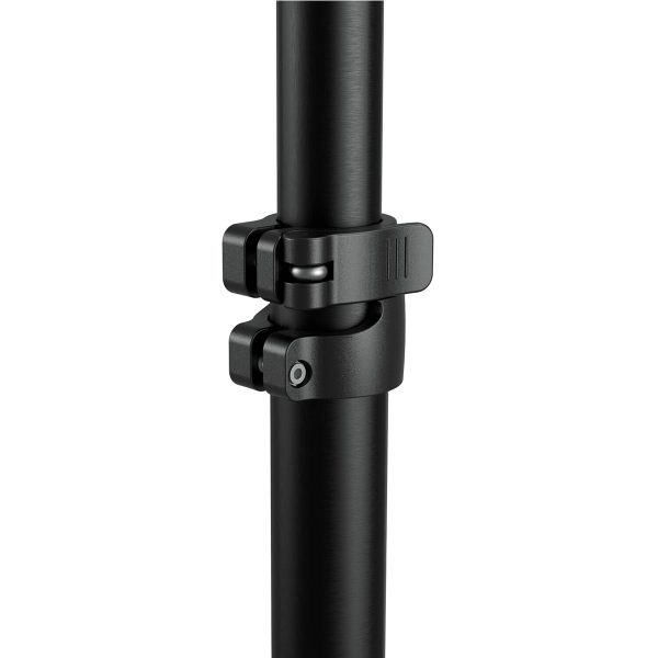 Close-up of the black metal adjustable bracket with quick release lever that attaches two cylindrical poles to the SmallRig 3736 RA-S280 Light Stand Air Cushioned.
