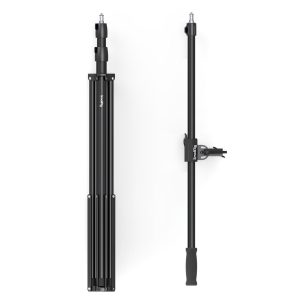 Two SmallRig 3737 RA-S280 Air Cushioned Light Stands with Arms with white base - one folded and one extended vertically - both with adjustable parts and locking mechanisms.