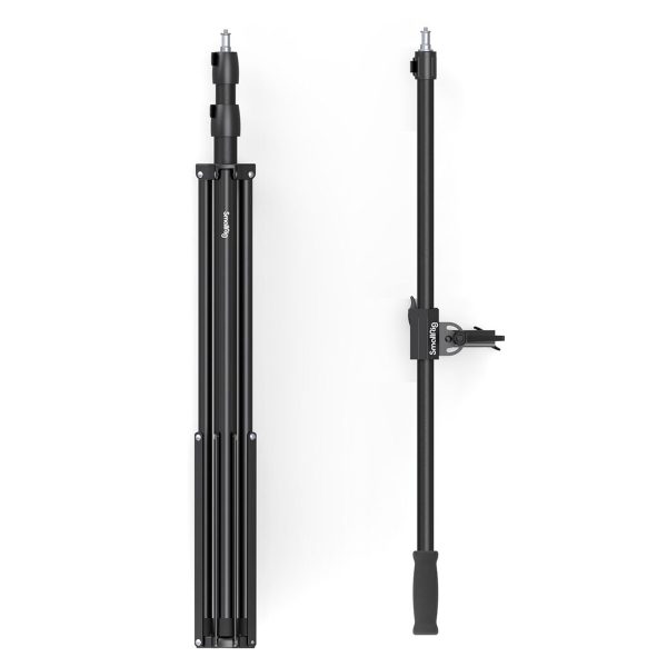 Two SmallRig 3737 RA-S280 Air Cushioned Light Stands with Arms with white base - one folded and one extended vertically - both with adjustable parts and locking mechanisms.