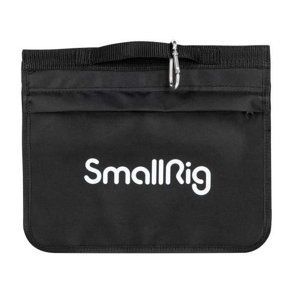 The SmallRig 3737 RA-S280 Light Stand Air Cushioned with Arm has a black fabric bag with front pocket, top handle, metal carabiner clip and white SmallRig print on the front.