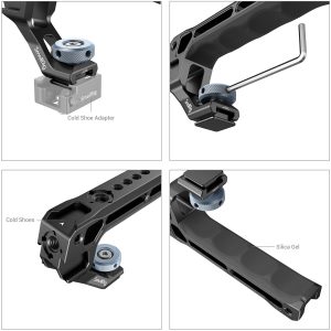 Neljässä lähikuvassa näytetään SmallRig 3764 Top Handle with Cold Shoe -laitteen eri kulmia ja ominaisuuksia, joissa korostuvat sen musta viimeistely, siniset säätönupit, merkitty Cold Shoe -sovitin, silikageelityyny ja kuusiokoloavainpaikka.
