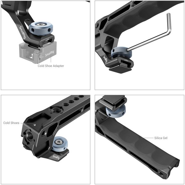 Neljässä lähikuvassa näytetään SmallRig 3764 Top Handle with Cold Shoe -laitteen eri kulmia ja ominaisuuksia, joissa korostuvat sen musta viimeistely, siniset säätönupit, merkitty Cold Shoe -sovitin, silikageelityyny ja kuusiokoloavainpaikka.