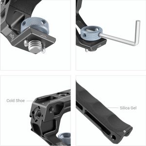 SmallRig-3765-3 The four-image collage shows the SmallRig 3765 ARRI Locating Top Handle, highlighting its blue textured knobs, included Allen wrench, cold shoe mount and Silica Gel handle for comfortable handling.
