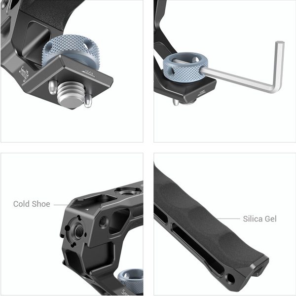 SmallRig-3765-3 The four-image collage shows the SmallRig 3765 ARRI Locating Top Handle, highlighting its blue textured knobs, included Allen wrench, cold shoe mount and Silica Gel handle for comfortable handling.