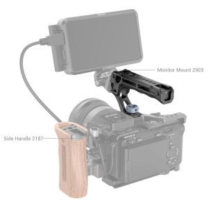 SmallRig-3765-4 A digital camera setup with SmallRig 3765 ARRI Locating Top Handle, a wooden Side Handle 2187 and a metal Monitor Mount 2903, both attached to the camera unit.