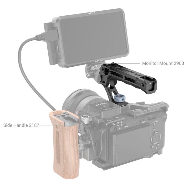 SmallRig-3765-4 A digital camera setup with SmallRig 3765 ARRI Locating Top Handle, a wooden Side Handle 2187 and a metal Monitor Mount 2903, both attached to the camera unit.