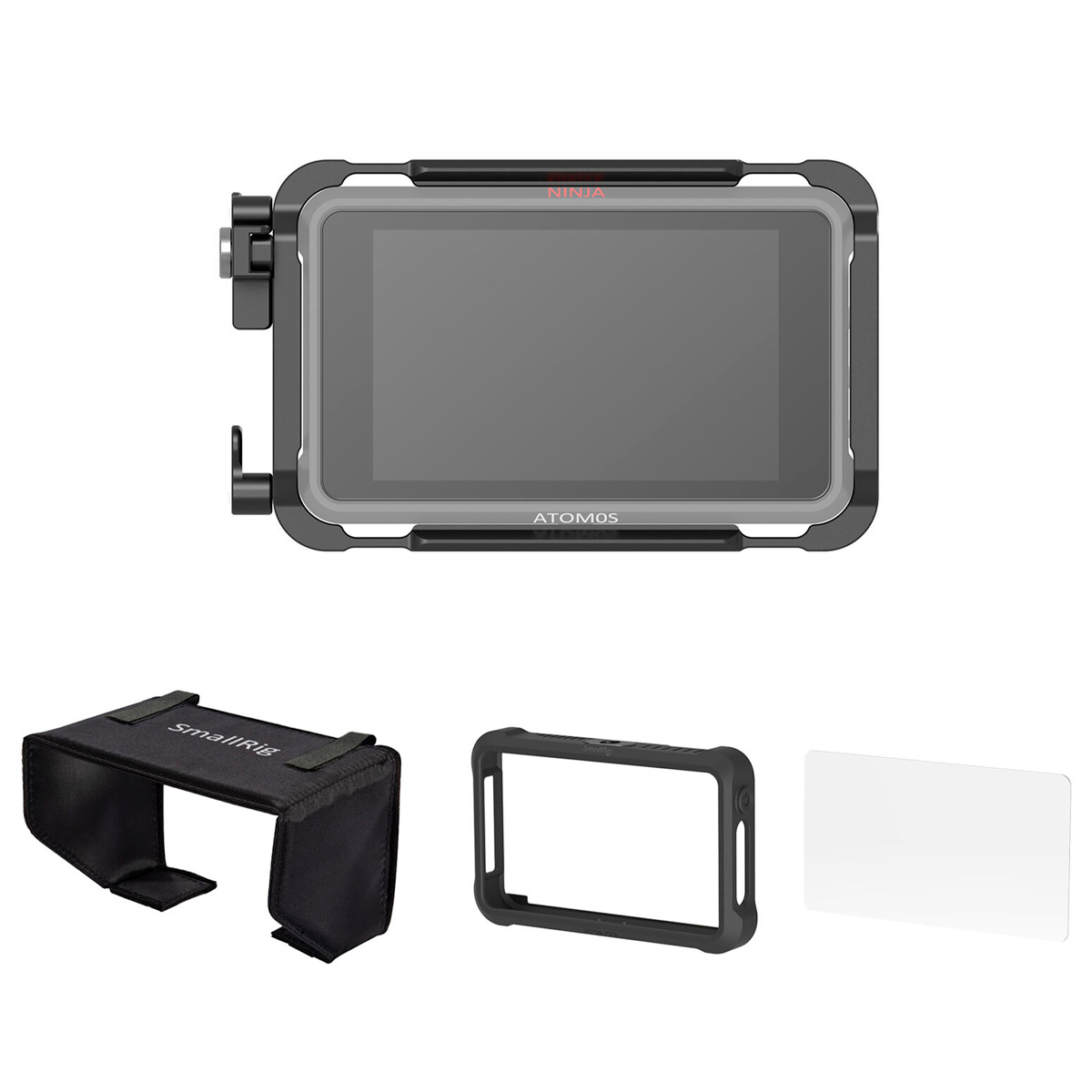 SmallRig 3788 Cage Kit Atomos Ninja V/V+:lle on varustettu kestävällä kehyksellä, ja siinä on kolme lisävarustetta: aurinkokupu, suojakotelo ja näytönsuoja, kaikki valkoisella pohjalla.
