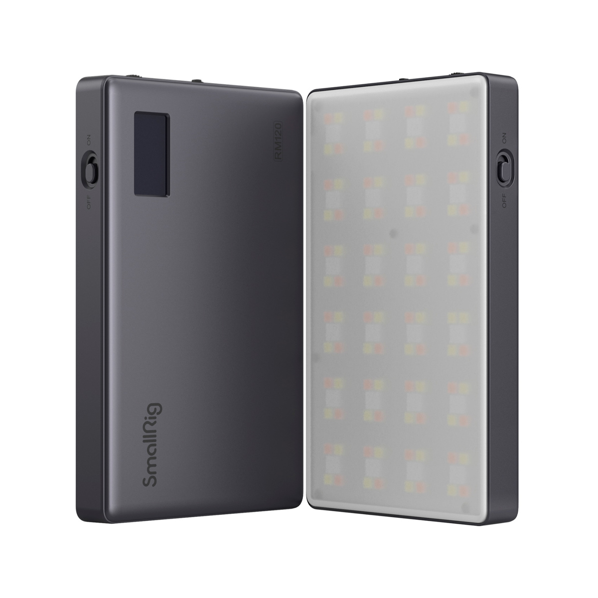 Two upright SmallRig 3808 RGB Videolight RM120 units are featured: one displays a light panel, while the other shows the brand logo and a small display on the back.