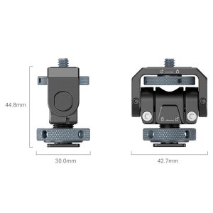 Kaksi näkymää SmallRig 3809 Monitor Mount Lite -monitoriasennuksesta, jossa on Cold Shoe -jalusta, näyttää mitat: 44,8 mm korkea, 30,0 mm leveä (edessä) ja 42,7 mm leveä (sivulla). Kiinnikkeessä on ruuvit ja teksturoidut säätönupit turvallista kiinnitystä varten.