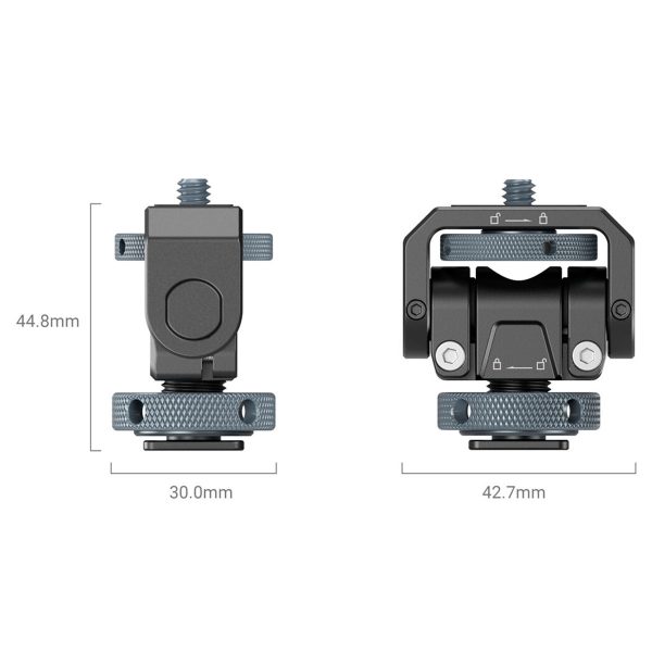 Kaksi näkymää SmallRig 3809 Monitor Mount Lite -monitoriasennuksesta, jossa on Cold Shoe -jalusta, näyttää mitat: 44,8 mm korkea, 30,0 mm leveä (edessä) ja 42,7 mm leveä (sivulla). Kiinnikkeessä on ruuvit ja teksturoidut säätönupit turvallista kiinnitystä varten.