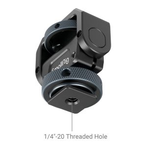 SmallRig 3809 Monitor Mount Lite with Cold Shoe on musta kameran lisävaruste, jossa on kuvioidut säätönupit ja 1/4-20 kierteinen reikä, joka on suunniteltu varusteiden kiinnittämiseen tai liittämiseen.
