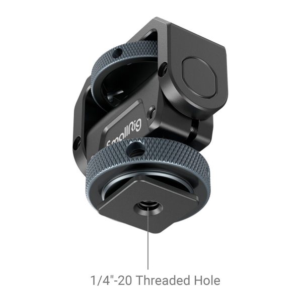SmallRig 3809 Monitor Mount Lite with Cold Shoe on musta kameran lisävaruste, jossa on kuvioidut säätönupit ja 1/4-20 kierteinen reikä, joka on suunniteltu varusteiden kiinnittämiseen tai liittämiseen.