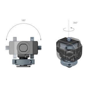 SmallRig 3809 Monitor Mount Lite -monitoriasennuksen ja Cold Shoen kaaviossa näkyy 180° vaakasuora kallistus (vasemmalla) ja 360° pystysuora kierto (oikealla), ja nuolet osoittavat kunkin liikkeen suunnan.
