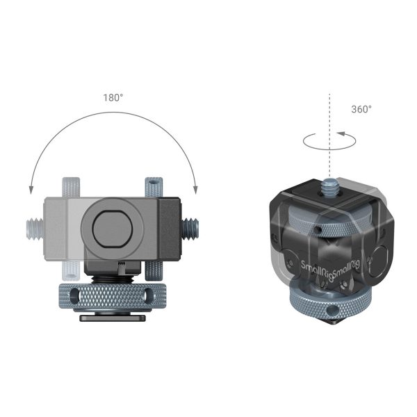 SmallRig 3809 Monitor Mount Lite -monitoriasennuksen ja Cold Shoen kaaviossa näkyy 180° vaakasuora kallistus (vasemmalla) ja 360° pystysuora kierto (oikealla), ja nuolet osoittavat kunkin liikkeen suunnan.
