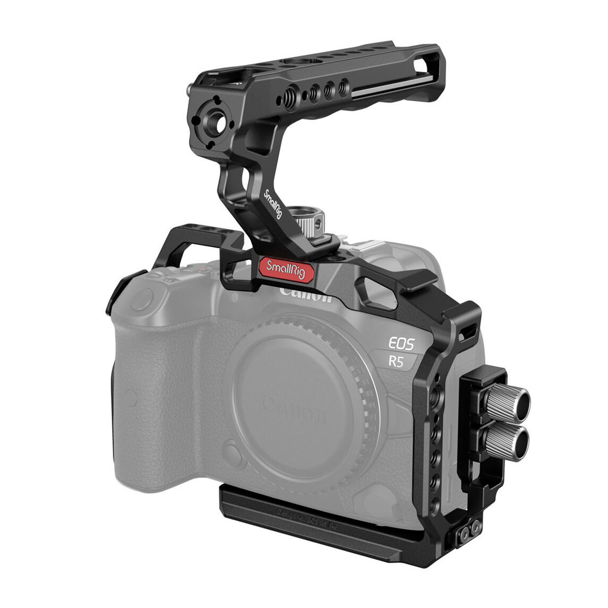 The SmallRig 3830 Handheld Kit for Canon EOS R5/R6/R5C, featuring a black camera cage with top handle, is mounted on a semi-transparent Canon EOS R5 camera, highlighting the cage's construction and mounting points.