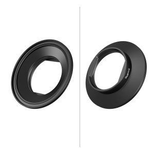 Kaksi näkymää SmallRig 3841 67 mm:n suodatinsovitinrenkaasta 3578:lle, mustasta, pyöreästä renkaasta, jossa on levenevä reuna ja avoin keskikohta, kuvattuna sivulta ja etupuolelta.