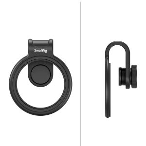 SmallRig 3845 52 mm:n magneettinen suodatinklipsi matkapuhelimelle on esitetty edestä ja sivulta valkoista taustaa vasten, mikä korostaa sen mustaa pyöreää muotoa ja ohutta, minimalistista muotoilua.