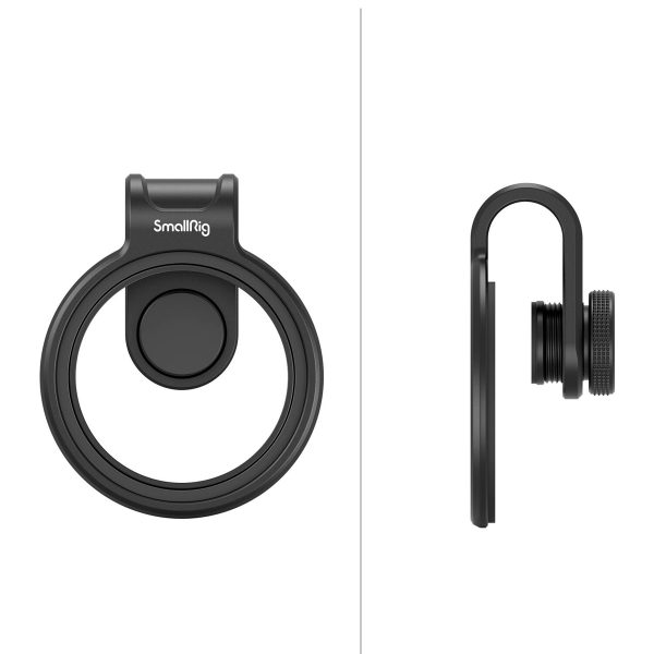 SmallRig 3845 52 mm:n magneettinen suodatinklipsi matkapuhelimelle on esitetty edestä ja sivulta valkoista taustaa vasten, mikä korostaa sen mustaa pyöreää muotoa ja ohutta, minimalistista muotoilua.
