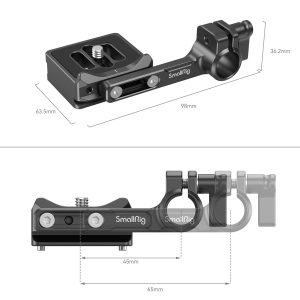 SmallRig 3853 -pikavapautuslevy 15 mm:n sauvakiinnikkeellä on esitetty kahdesta kulmasta ja merkittyjen mittojen avulla: Pituus 98 mm, leveys 63,5 mm, korkeus 36,2 mm, varren pituus 65 mm ja kiinnikkeiden välinen etäisyys 45 mm.