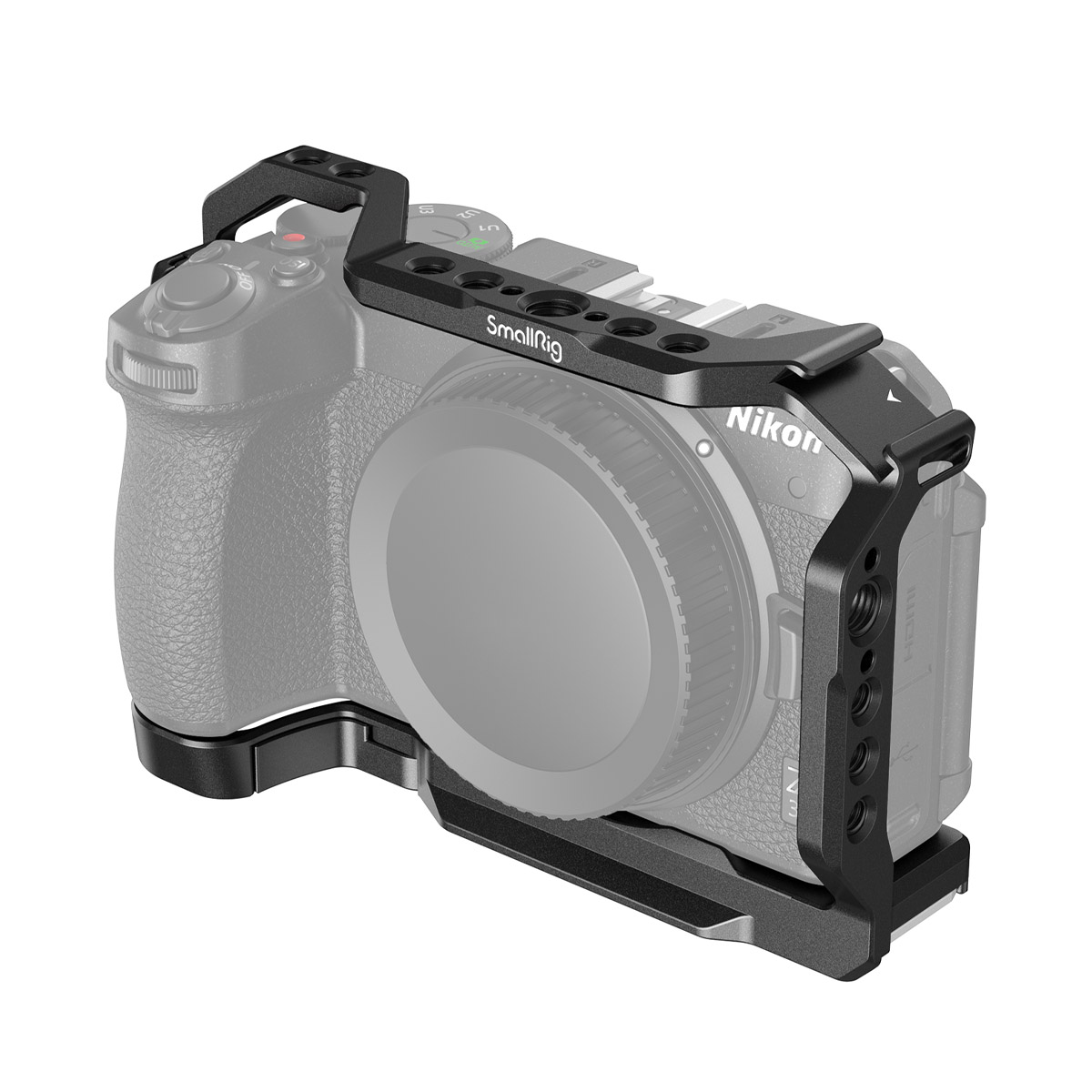 SmallRig-3858-1 SmallRig 3858 Cage for Nikon Z30 asennetaan Nikon-kameraan, ja se tarjoaa paremman suojan ja lukuisia lisävarustekiinnikkeitä. Kamera on esitetty harmaasävyisenä, jolloin musta häkki korostuu.