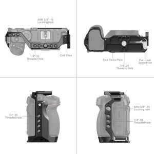 Kaavio SmallRig 3858 Cage for Nikon Z30 -kamerahäkistä neljästä näkökulmasta, jossa korostuvat ominaisuudet, kuten paikoitusreiät, kierrereiät, kylmäkenkä, Arca-Swiss-levy ja integroitu litteäpäinen ruuvimeisseli.