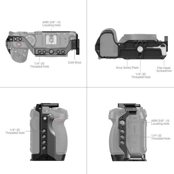 Kaavio SmallRig 3858 Cage for Nikon Z30 -kamerahäkistä neljästä näkökulmasta, jossa korostuvat ominaisuudet, kuten paikoitusreiät, kierrereiät, kylmäkenkä, Arca-Swiss-levy ja integroitu litteäpäinen ruuvimeisseli.