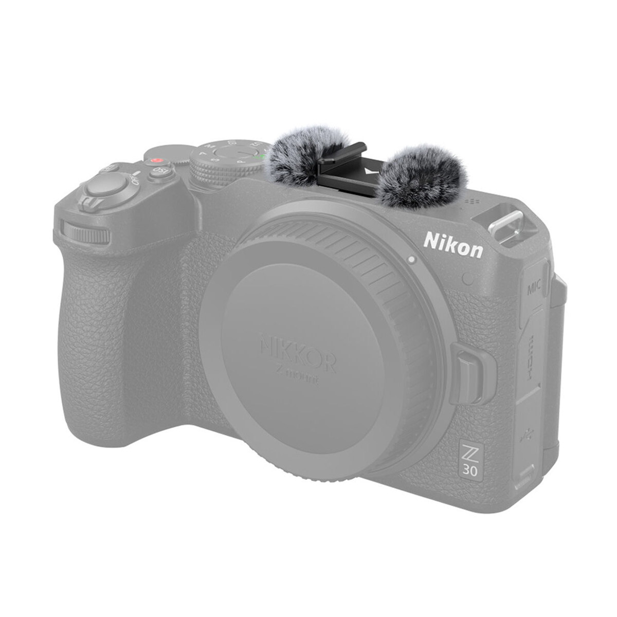 The SmallRig 3859 Windshield and Cold Shoe adapter is attached to the top of the Nikon Z30, and its fuzzy grey cover stands out against the camera's sleek grey body.