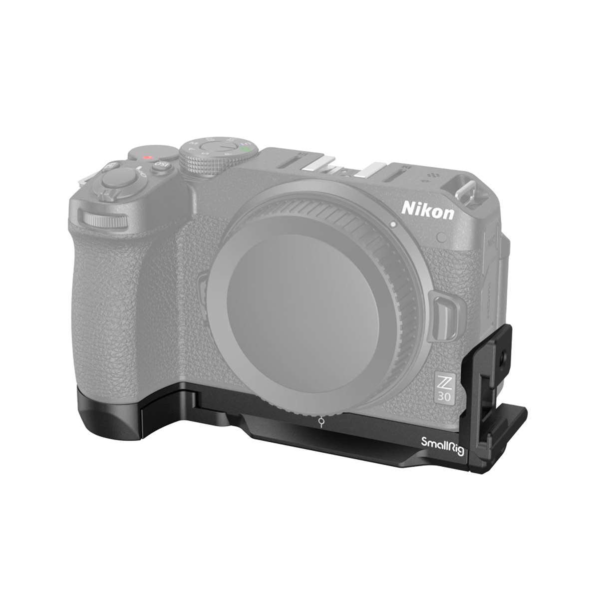 Kuvassa on Nikon Z30 -kamera (harmaalla kuvassa), jonka jalustaan ja sivuun on kiinnitetty musta SmallRig 3860 L-Bracket for Nikon Z30.