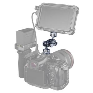 The SmallRig 3873 Magic Arm with Dual Ball Head (1/4"-20 screws) camera arm securely attaches an external monitor, and a close-up of the articulating arm used to attach the monitor to the assembly.