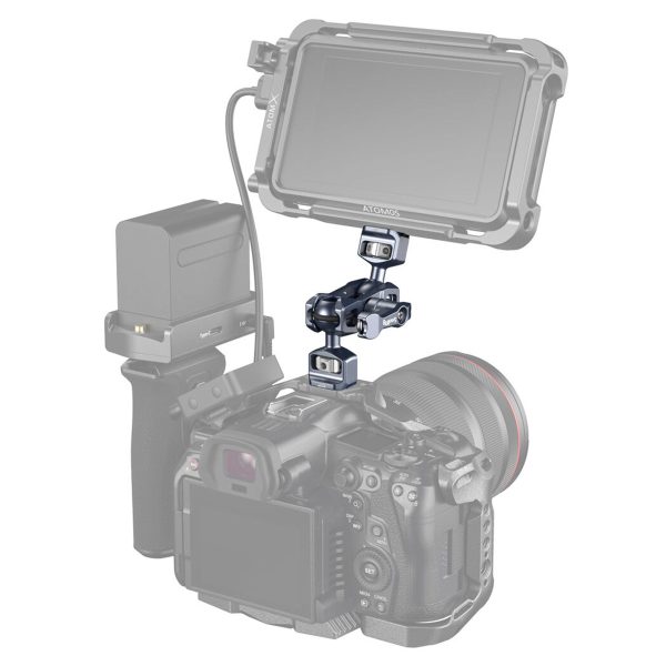 The SmallRig 3873 Magic Arm with Dual Ball Head (1/4"-20 screws) camera arm securely attaches an external monitor, and a close-up of the articulating arm used to attach the monitor to the assembly.