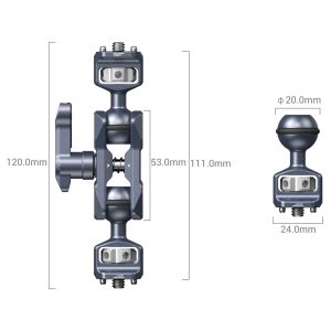 Diagram of SmallRig 3873 Magic Arm with two ball ends (1/4"-20 screws), front and side images, height 120 mm, centre 53 mm or 111 mm, ball diameter 20 mm and base width 24 mm.