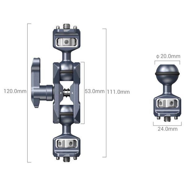 Diagram of SmallRig 3873 Magic Arm with two ball ends (1/4"-20 screws), front and side images, height 120 mm, centre 53 mm or 111 mm, ball diameter 20 mm and base width 24 mm.