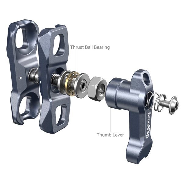 The SmallRig 3873 Magic Arm with Dual Ball Head (1/4"-20 Screws) arm exploded view shows the marked parts: ball heads, adjustment knob, visible springs, screws and arm parts, separated to show the internal structure.