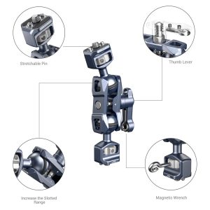 The SmallRig 3873 Magic Arm, with two ball heads (1/4"-20 screws), has the features shown in the picture: an extendable pin, a thumb lever, an enlarged groove and a magnetic key. Circular inserts highlight each feature in detail.