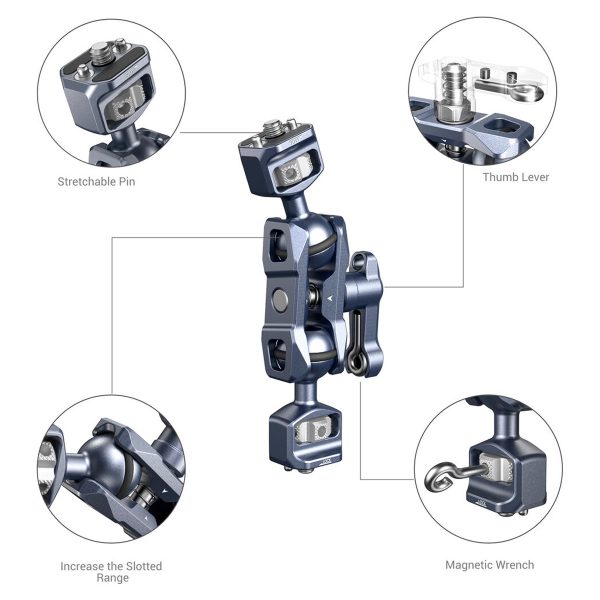 The SmallRig 3873 Magic Arm, with two ball heads (1/4"-20 screws), has the features shown in the picture: an extendable pin, a thumb lever, an enlarged groove and a magnetic key. Circular inserts highlight each feature in detail.