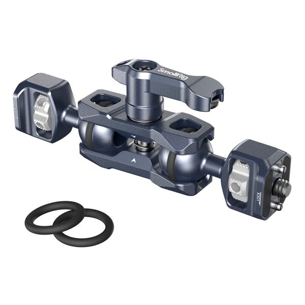 SmallRig 3873 Magic Arm with Dual Ball Head (1/4"-20 screws) is a metal camera accessory mount with adjustable arms, tension knobs and two black rubber rings, shown in white on the picture.