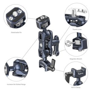 Yksityiskohtainen kaavio SmallRig 3875 Magic Arm -varresta, jossa on kaksi pallopäätä (1/4"-20-ruuvi ja NATO-kiinnike) ja jossa korostetaan merkittyjä ominaisuuksia - venyvä tappi, peukalovipu, magneettiavain, NATO-kiinnike ja ura-alueen lisäys - lähikuvineen.