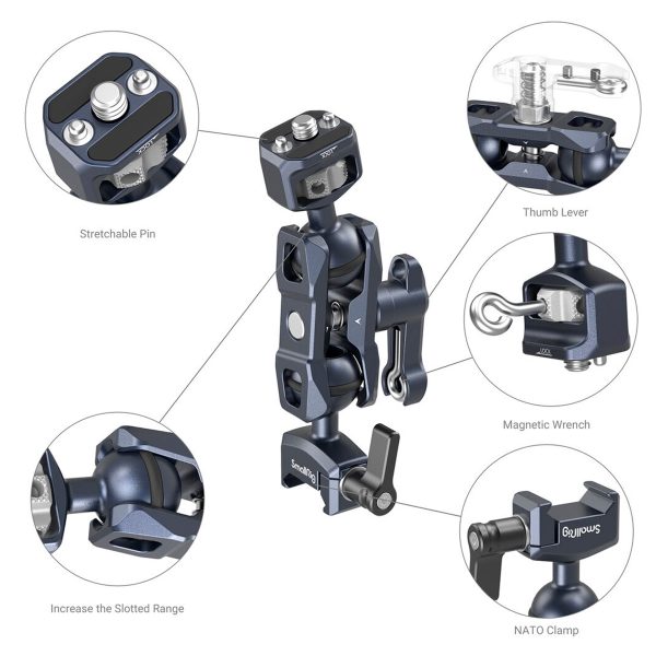 Yksityiskohtainen kaavio SmallRig 3875 Magic Arm -varresta, jossa on kaksi pallopäätä (1/4"-20-ruuvi ja NATO-kiinnike) ja jossa korostetaan merkittyjä ominaisuuksia - venyvä tappi, peukalovipu, magneettiavain, NATO-kiinnike ja ura-alueen lisäys - lähikuvineen.