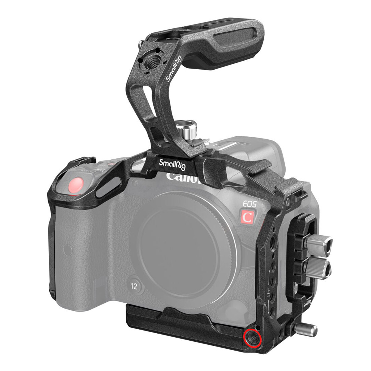 The SmallRig 3891 Handheld Black Mamba Kit is mounted on a semi-transparent Canon EOS R5C camera, showcasing the design and mounting features of the cage and its top handle.